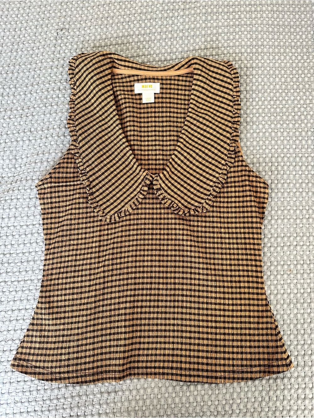 Maeve Brown and Black Gingham Ruffle Collar Tank Top